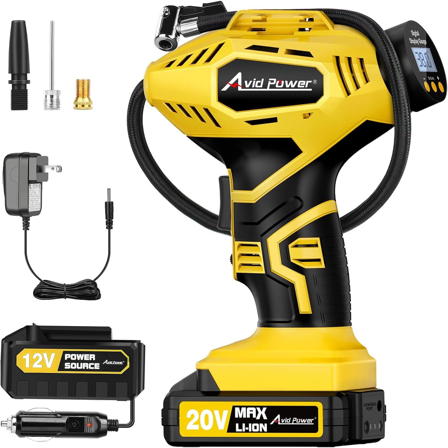 AVID POWER Cordless Tire Inflator Portable Air Compressor, 20V Yellow 