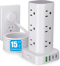 Power Strip Tower with Multiple Outlets, Flat Plug Surge Protector Tower Extensi