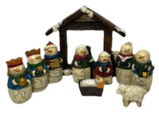Snowman Nativity Set Resin Joy Peace Love Noel Faith Hope Crèche 10 Pieces