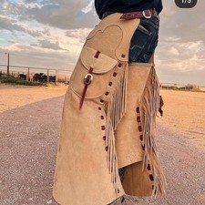 Handmade Western Suede Leather Chaps Cowboy Rodeo Horse Riding Fringed Pants Tan