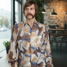 70s Disco Shirt Button Up Sz M Polyester Cream Brown Psychedelic VTG Hippie