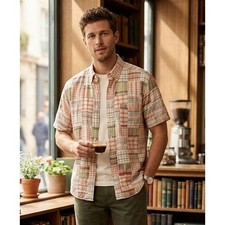 Brooks Brothers Patchwork Plaid Madras Short Sleeve Button Down Shirt Men's M