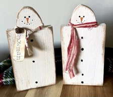 2 Wooden Snowman Christmas Decor Country Primitive Farmhouse Rustic Shelf Sign