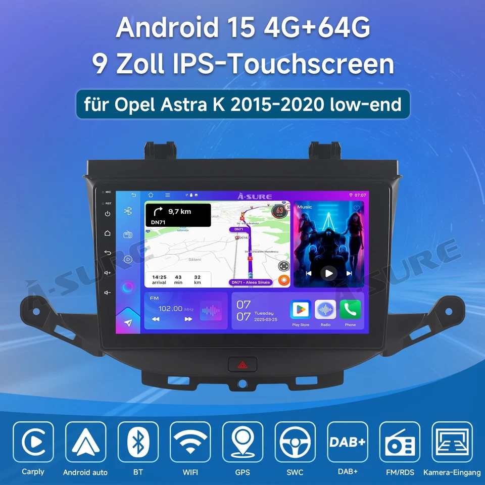 Android 15 Autoradio Für Opel Astra K 2015-2020 4+64GB CarPlay Navi DAB+ GPS FM - Bild 2 von 4