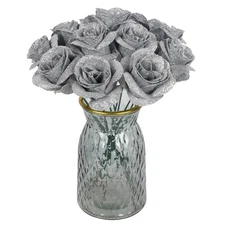 30PCS Silver Roses Artificial Flowers Fake Glitter Roses Silk Flower