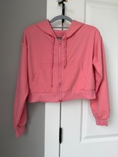 Women s Bright Pink Cropped Zip Hoodie Long Sleeve Ribbed Cuffs Hem Sweatshirt