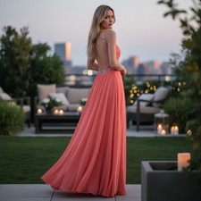 Faviana Beaded Chiffon Gown SIZE 0 Peach Formal Prom Pagent Rhinestone 395 NEW