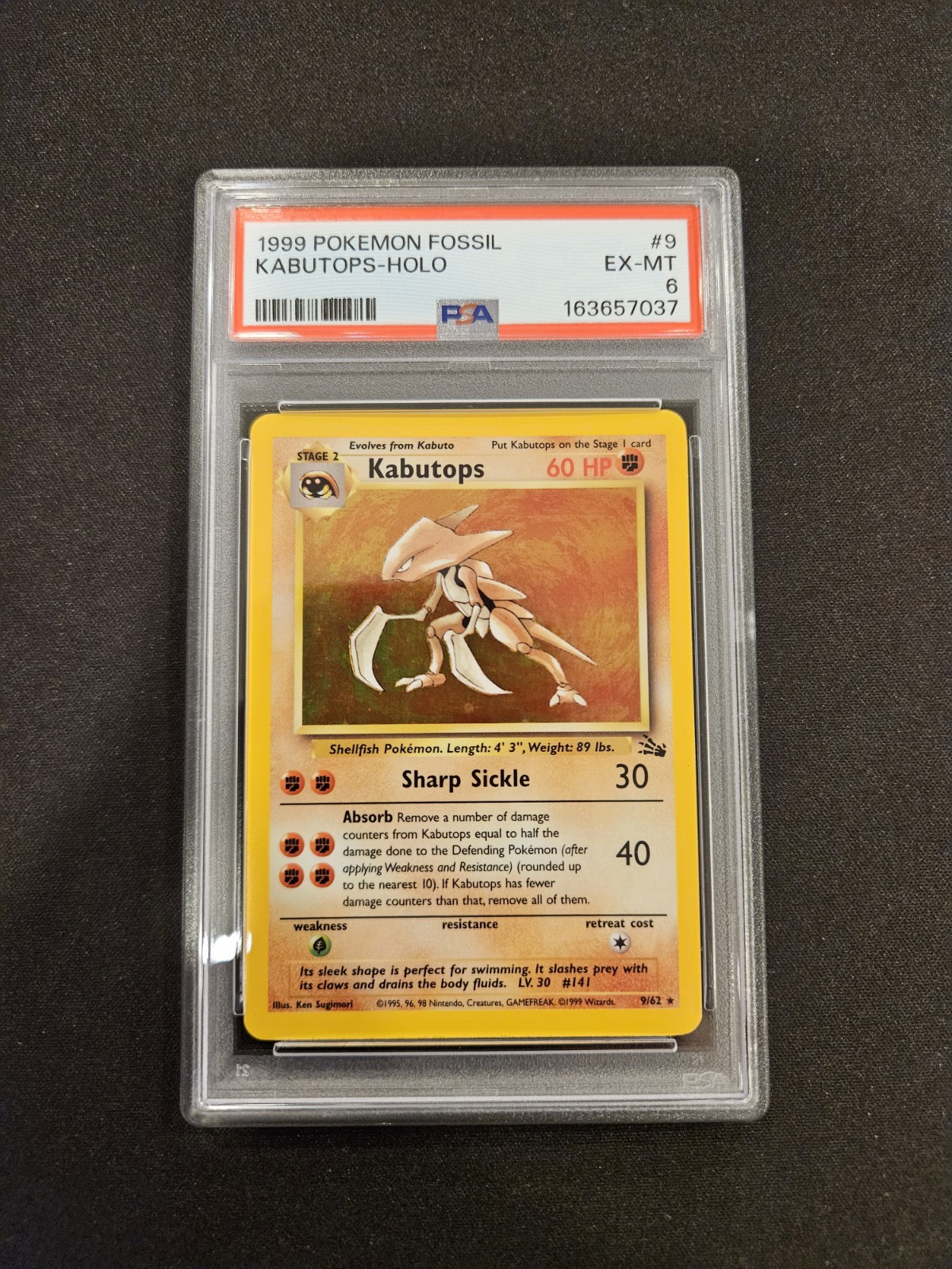 Pokemon 1999 Kabutops Fossil 9/62 Unlimited Holo Rare PSA 6 EX-MT New Cert