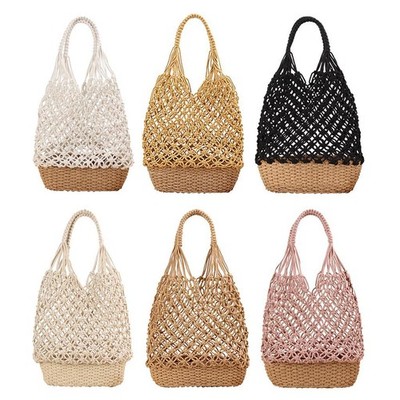 Womens Cotton Straw Bag Summer Beach Hollow Crochet Woven Bucket