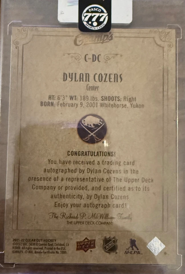 2021-22 Upper Deck Clear Cut Champs Auto Dylan Cozens - C-DC - Image 2 of 2