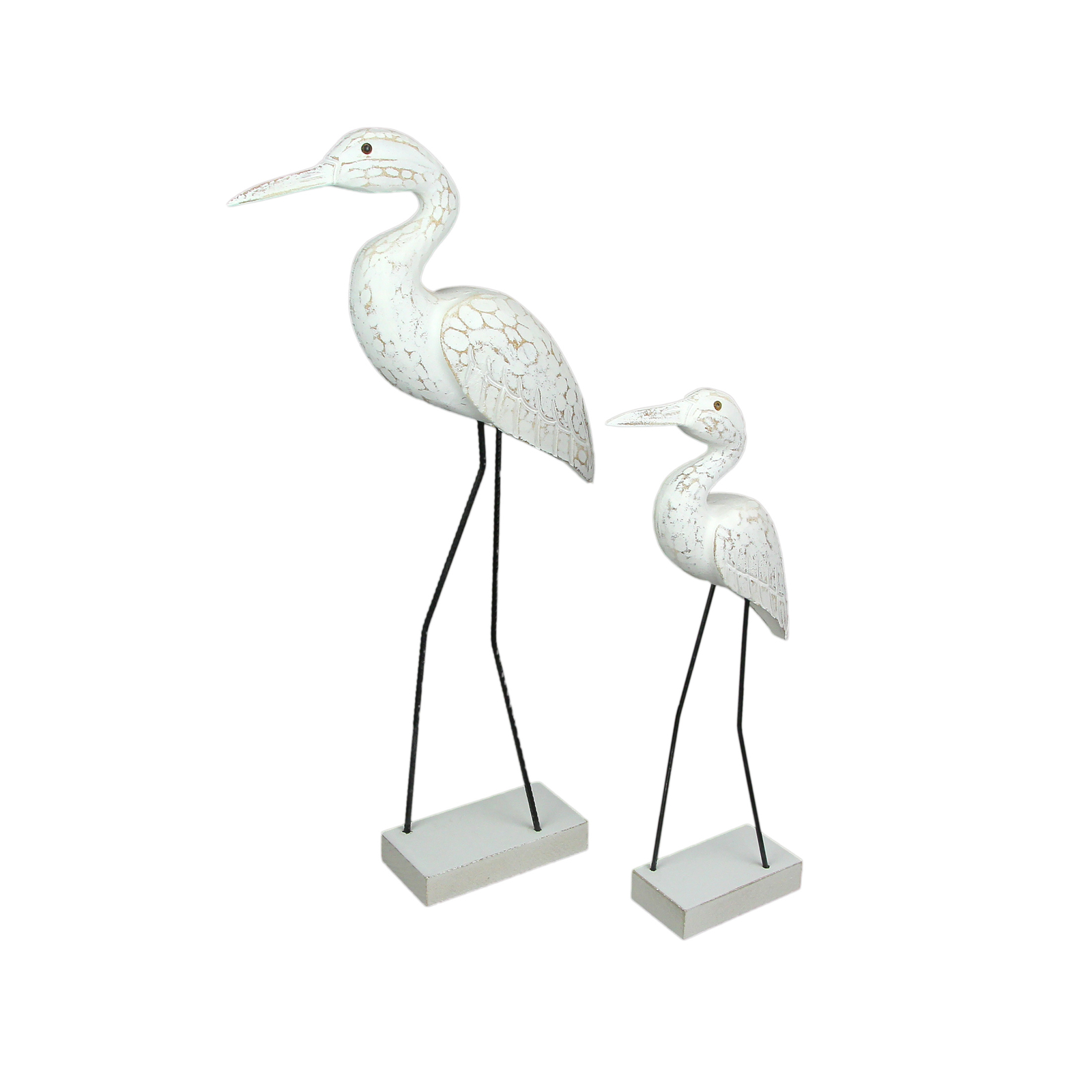 Set of 2 Hand Carved Wood and Metal White Egret Bird Statues Coastal Decor
