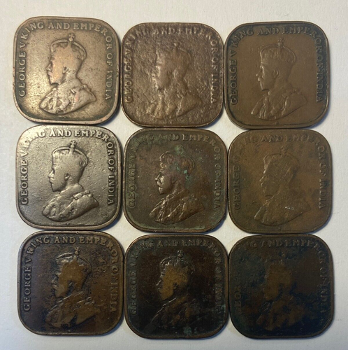 STRAITS SETTLEMENTS 1919 to 1920 Lot of 9 Coins King George V One Cent Calcutta