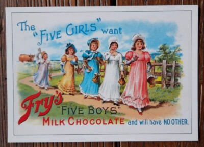 NACHDRUCK Reklame P/Karte - ''FÜNF MÄDCHEN'' wollen ''FÜNF JUNGEN'' Fry's Milk Chocolate -Opie