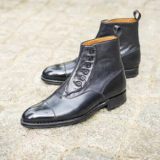 Mens Handmade Boots Black Leather Button Ankle Leather Formal Wear Casual Shoes