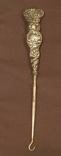 Antique VTG 7 " Sterling Button Glove Hook w Fancy Repousse Scroll Design Sewing