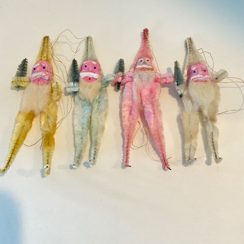 Chenille Santa Elf Composite/Clay Face Ornaments Lot 4 Gold, Pink, Blue, White - 第 1/7 張圖片