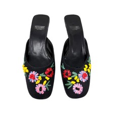 Moschino Black Floral Embroidered Mule Heels Kitten Heel 40.5
