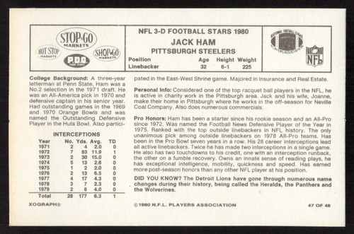 1980 Stop 'N' Go #47 Jack Ham Pittsburgh Steelers SET BREAK! - Picture 2 of 2