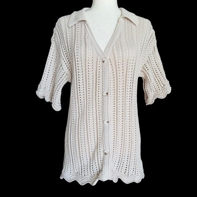 Solitaire Crochet Knit Button-Up Cardigan Blouse Large Scalloped Coastal Grandma