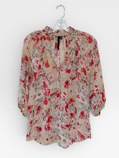 Bellatrix Women's Floral Print 3/4 Sleeve Collarless Sheer Blouse Size M