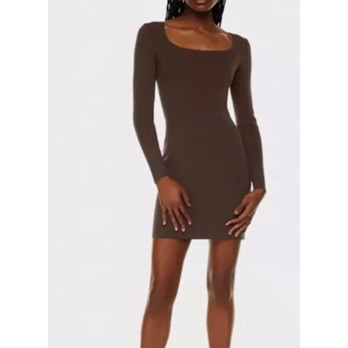 NEW Aritzia Babaton Rego Sculpt Rib Knit Mini Dress Brown Square Long Sleeve 2XS