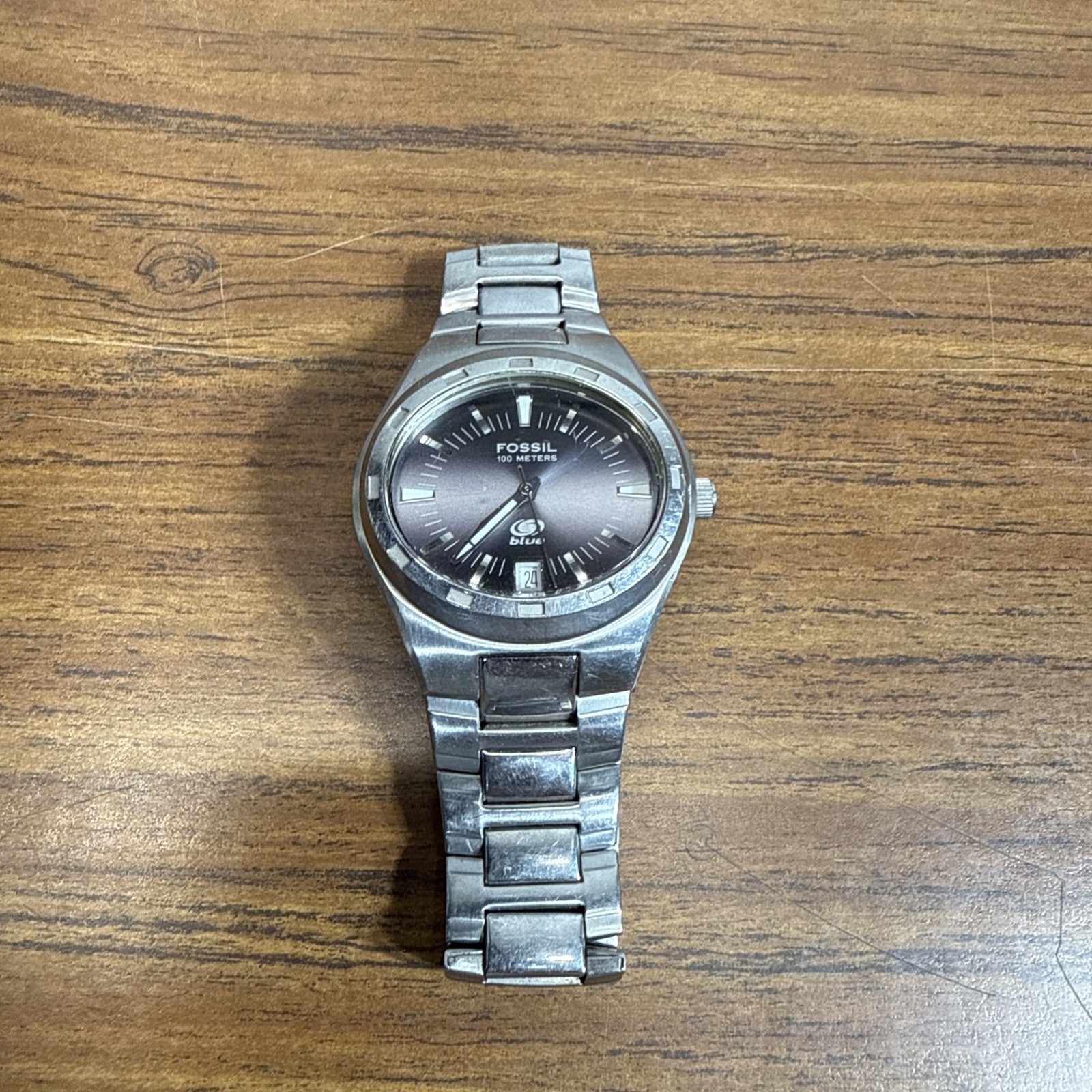 Men's Fossil AM 3701 Blue Stainless Steel Dive Watch 330FT Water Resistant