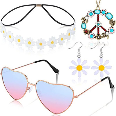 4 Pcs Hippie Costume Accessories Set Peace Sign Necklaces Daisy Earrings Dais...