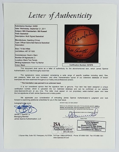 Wilt Chamberlain Bill Russell signiert offiziell NBA Basketball neuwertig HOF Autogramm JSA - Bild 6 von 14
