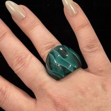 Vintage Teal Swirl Art Glass Ring Size 7 Chunky Statement Embedded Design