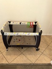 Baby Trend Foldable Play Yard w/ Wheels Toy Rings, Brown/White/Yellow