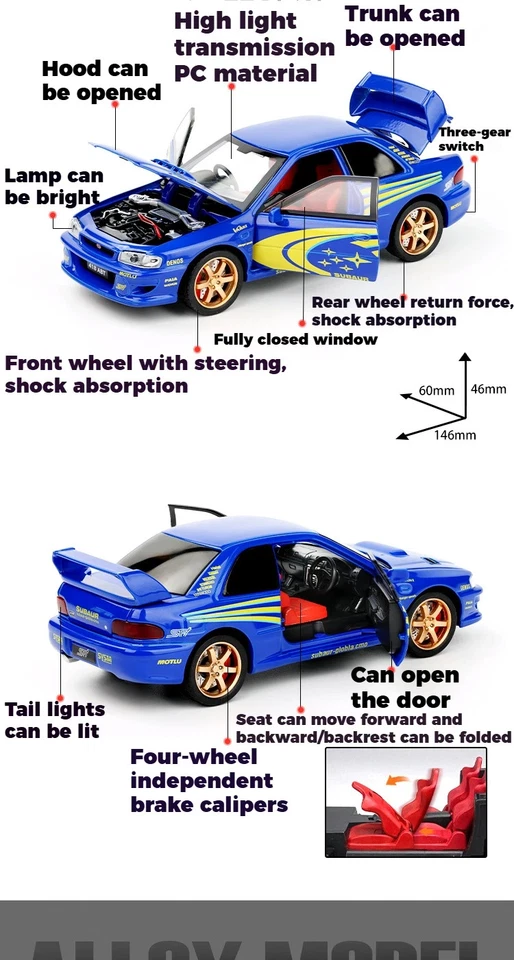 JDM 1/32 Subaru Impreza WRX STI Rally Supercar Diecast Model Car Con Luci - Immagine 4 di 4