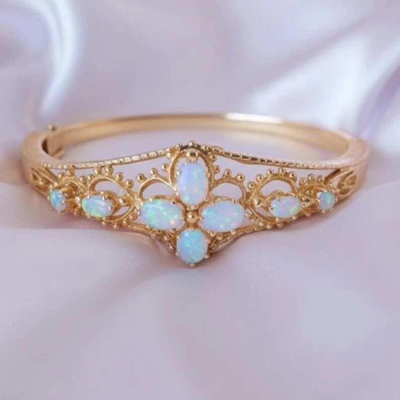 4Ct Oval Cut Lab-Created Fire Opal Womens Bangle Bracelet 14K Yellow Gold Plated - Image 2 of 4