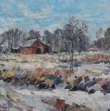 Art Original Oil Painting RM Mortensen "An Early Snow" Farm Field Barn 12"x 12"