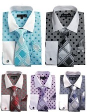 Men's French Cuff Dress Shirt with Polka Dot Design 3 Pieces Set FL632