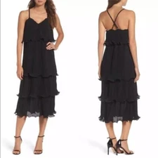 True Decadence Black Pleated Layered Ruffle Midi Dress Black Tie Cocktail  S