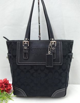 バッグ Coach Legacy Cotton Signature Tote Bag Coach Legacy Signature Black Canvas Leather Trim Top Handle Tote