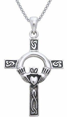 Jewelry Trends Sterling Silver Celtic Claddagh Cross Pendant on Box Chain Neckla
