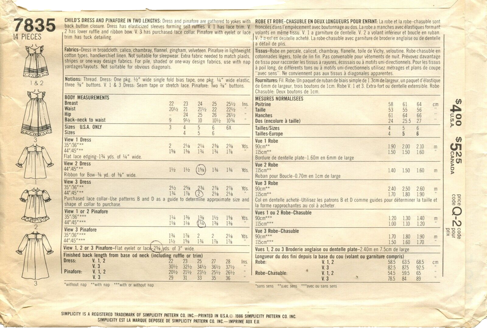 Simplicity Pattern 7835 Girl's Dresses and Pinafores Two Lengths Size