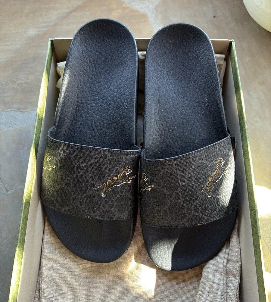 Gucci GG Supreme Tiger Slide Sandale Chaussures de piscine pour hommes 5 US, 37,5 EU   Noir