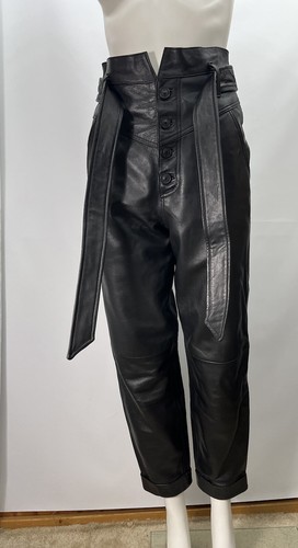 Pantalones de cintura alta rectos de cuero negro con botones River Island bolsillos para cinturón 6