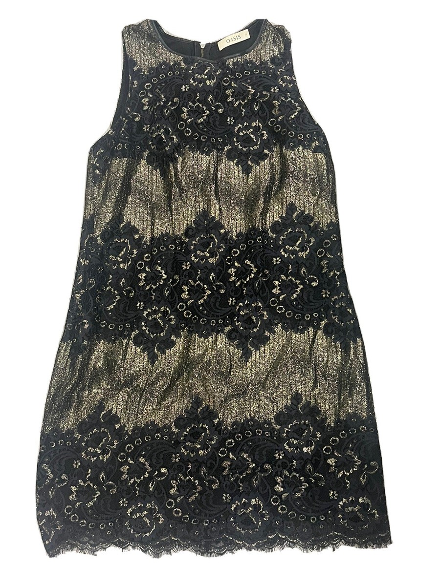 Oasis Black Lace gold Dress Size 12