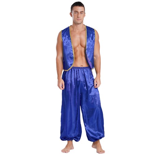 Men's Arabian Costume Prince Cosplay 2 Piece Outfits Open Front Satin Vest Pants - Picture 11 of 33