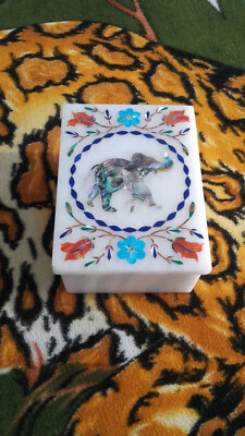 6''x4'' white Marble trinket Jewelry box Inlay pietra dura Malachite decor h11