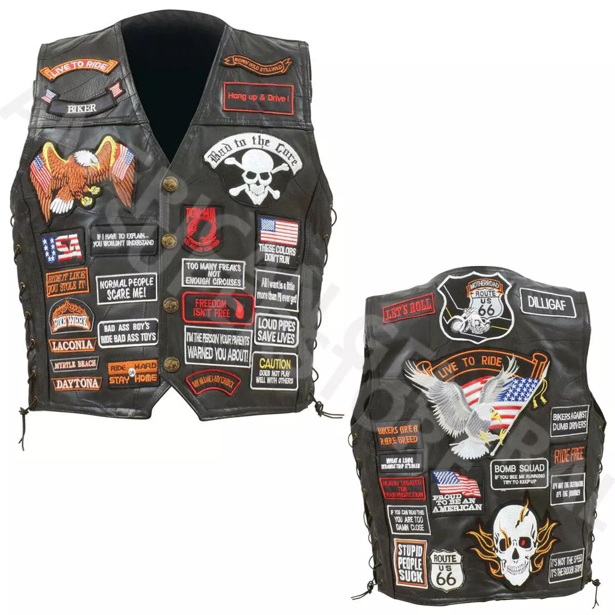 VEST LEATHER Biker Black Buffalo Motorcycle w 42 Patches US Flag Eagle Mens MC