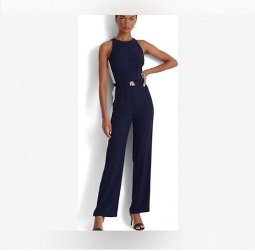 NWT Ralph Lauren Navy Blue & White Sleeveless Jumpsuit w/ Belt US Sz 4