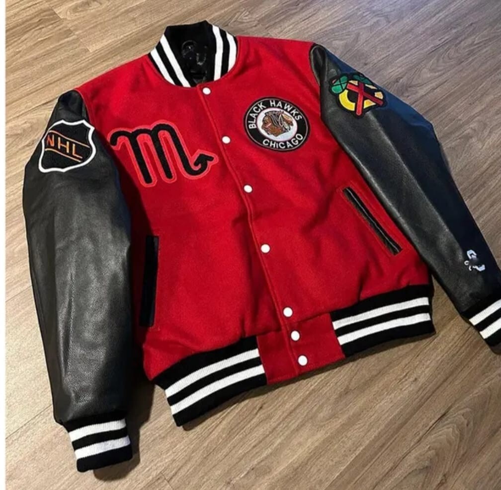 Red wool Varsity Jacket, Black Genuine Leather Sleeve, Wool 