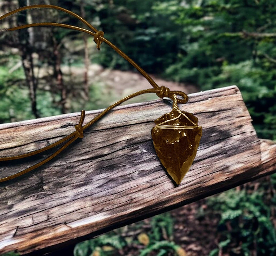 Collar Tótem Punta de Flecha Cuero Obsidiana Negra Piedra Real Colgante Primitivo Foto 2 de 4