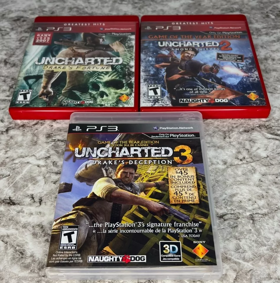 Uncharted 1 2 & 3 Drake Fortune/ Deception & Among Thieves PlayStation 3  PS3 Lot