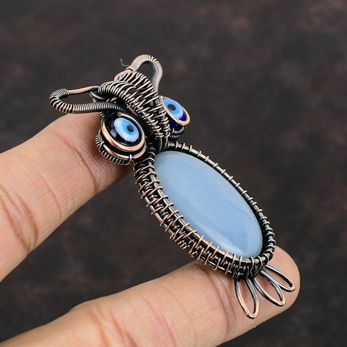 Gift For Her Unknown Copper Natural Angelite Pendant Owl And Wire Wrapped - Picture 3 of 6