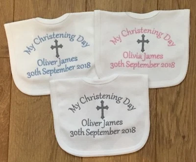 Personalised Christening Bib Baby Gift Special Occasion Embroidered Baptism Name